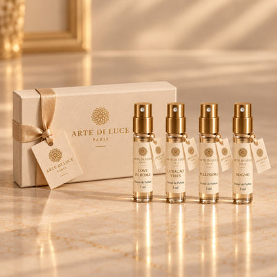 Arte di Luce Paris Discovery Set box and four miniature fragrance vials
